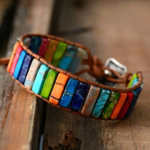 Strands Milangirl Chakra Bracelet Jewelry Handmade Multi Natural Stone Tube Beads Leather Wrap Bracelet Couples Bracelets Whole sale