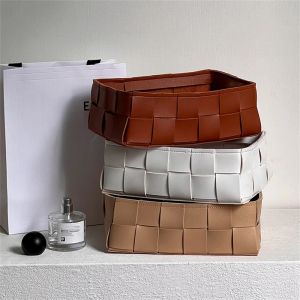 Bins Nordic Leather Storage Basket PU Handwoven Desktop Organization Box Household Grocery Capacity Box Cosmetic Coins Decor Plate