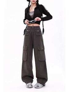 여자 청바지 여성 멀티 포켓 디자인 단수 스포츠 바지 패션 스타일 스타일 여성 하이 허리 스트레이트 얇은화물 바지 4xl y240422