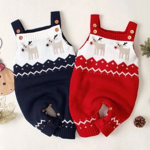 One-Pieces Christmas Baby Boys Girls Cartoon Braces Rompers Clothes New 2021 Autumn Winter Baby Boy Girl Kids Sleeveless Knitting Rompers