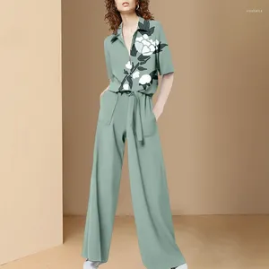 Zweisteuelhafte Hose von Frauen Chiffon Mulberry Seiden Sommer Europäische Station 2024 Frauen locker mit Krawatten mit kurzen Ärmeln Sets