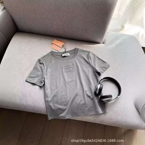 Spring Summer New Miu Patch Cement Grey Short Sleeves