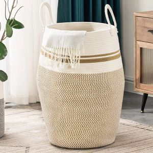 Baskets Large Storage Basket Tall Woven Decorative Laundry Hamper With Handles Foldable Cotton Rope for Clothes Kids Toys Living Room