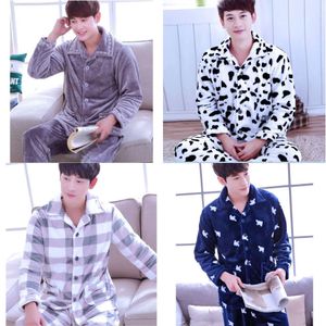 Fleece Male Pamas Men Men Flannel Long Sleeves Homewear 2pcs Coral Veet Nightwear Plus Seize Sleepwear D-2078 201109