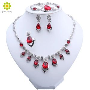 Colares de colar de cristal vermelho de luxo Conjunto de jóias de casamento de noiva