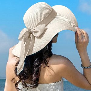 Verão feminino chapéu de palha bowknotn brim aba lida com chapéus de panamá feminino ao ar livre praia dobrável sun tap 240408