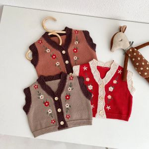 コート春/秋の新しい幼児服の幼児の子供の女の子編み刺繍花のベストコットコットンカーディガン汎用ベストコート