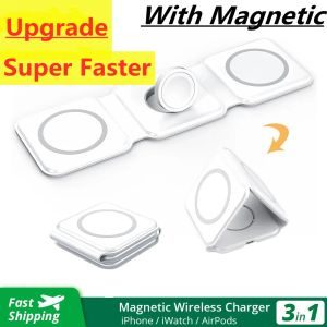 Laddare 15W 3 i 1 magnetiskt trådlöst laddare stativ fold för iPhone 14 13 12 Airpods Apple Watch 8 7 6 Fast Charging Dock Station