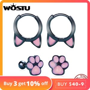 Earrings WOSTU Real 925 Sterling Silver Cat Ear Hoop Earrings For Women Lovely Pink Cute Pet Paw Studs Clips Girl Unique Jewelry Gift