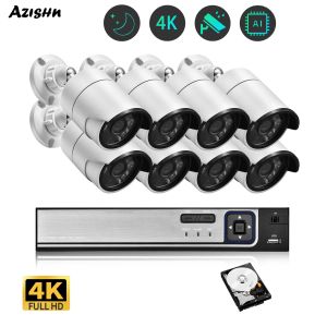 Lens Azishn Ultra HD 4K Güvenlik Kamera Sistemi 8ch Poe NVR Ses IP Kamera Açık Mekan Tam Renkli Gece Görme Video Gözetleme Seti