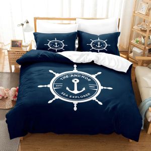 Сета Marine Anchor Sdid Set Set Ocean Sea 3D -одеяло, комплекты одеяла, кровать, льняная Quein King King, сингл, синий корабль, деть детей