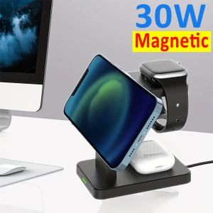 Carregadores 3 em 1 Magnetic Wireless Charger Stand 30W Dock de estação de carregamento rápido para iPhone 15 14 13 12 Pro Max Iwatch 8 7 6 AirPods Pro