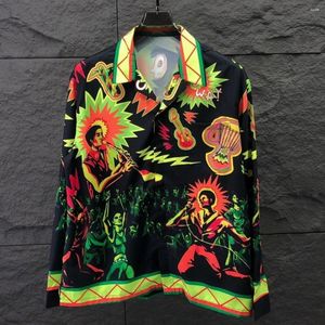 Men's Casual Shirts Music For The People Print Shirt Long Sleve Designer Contrast Cuban Collar Men Craft Artwork Stylish Party