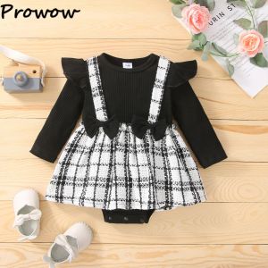 Tek parçalar Prowow 018m Siyah Ekose Bebek Kız Sıçırtılı Bodysuit Bebekler için Tweed Romper Elbise Seti Kış Yenidoğan Bebek Giysileri