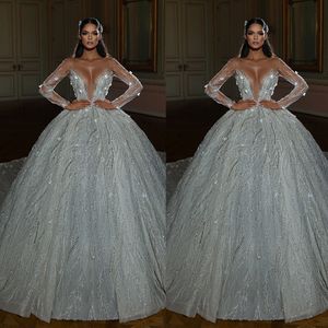 Luxurious Sheer Neck Ball Gown Wedding Dresses Sexy Long Sleeve Sequined Bridal Gowns Glitter Beading Robe De Mariee