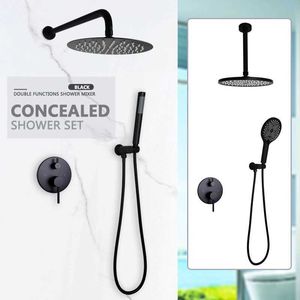 Bathroom Shower Sets Matte black rain shower system concealed wall mounted splitter 2 function brass hot and cold valve ceiling kit switch bracket T240422