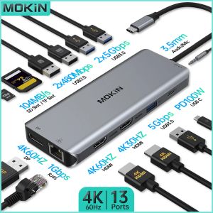 Станции Mokin 13 в 1 док -станции для MacBook Air/Pro, Thunderbolt Naptop USB3.0, HDMI 4K60HZ, DP 4K60HZ, PD 100W, RJ45 1GBPS