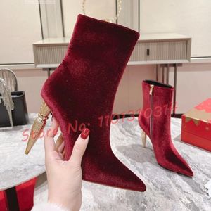 Boots Lipstick Heels Suede Ankle Women In Warm Pointy Splicing Winter Ladies Elegant Fashion Red Shoes