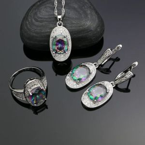 Collane 925 Set di gioielli da sposa d'argento per donne mistiche arcobaleno zircona cubico anello a pendente orecchini di gioielleria per matrimoni kit di gioielli da sposa