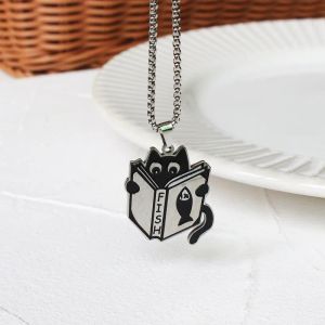 Necklaces Stainless Steel Cute Black Cat Pendant Necklace For Women Men Fashion Funny Reading Book Kitten Box Chain Necklace Jewelry Gifts