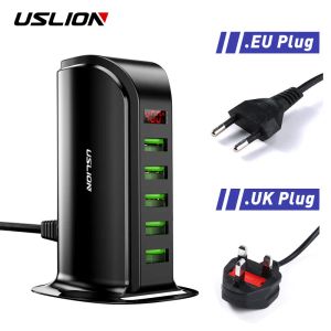 Hubs USLION 5 Multi Port USB Charger Hub For Mobile Phone EU UK Plug LED Display USB Charging Desktop Station Dock Chargers