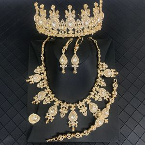 Strands Gold Color Metal Turkish Jewelry Set Bracelet Earring Necklace Ring Crown Wedding Bijoux Arab Bride Gift