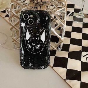 Бамперы сотового телефона Cool Dark Cat Cartoon Black Wave TPU Soft Thone Shock -Resept для iPhone 15 14 Pro 13 12 Mini 11 Pro Max XS Max 7 8 Plus SE Y240423