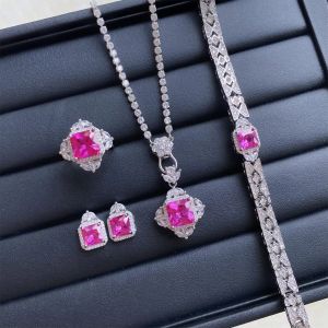 Strängar Flower Lab Ruby Diamond Jewelry Set 925 Sterling Silver Engagement Wedding Rings Earrings Halsband Armband för kvinnors gåva