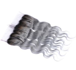 Silver Grey Ombre Mongolian Human Hair Lace Frontal Closure With Baby Hair Body Wave 1BGrey Two Tone Ombre Full Lace Frontals 136946702