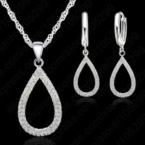 Necklaces 925 Sterling Silver Stamped Bridal Jewelry Sets CZ Crystal Water Drop Necklaces Hoop Earrings Women Girls Engagement Anniversary