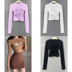 Summer WOMENGAGA Korean Girl Female Elegant Vneck Long Sleeve T Shirt + Hollow Out Cross Pleated Tops Tees Sexy Top Y2EJ 220411 ops ees op