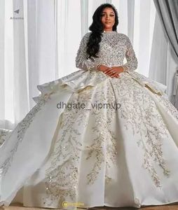 2023 Luxo estilo árabe, vestidos de noiva de linha de mangas longas de tamanho de trem inchado Princesa de lantejoulas brilhantes