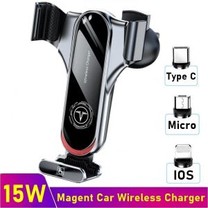 Laddare 15W Magnetic Fast Car Wireless Charger Automatic Air Vent Phone Holder Stand i bil för iPhone 11 12 Pro Max Samsung S21 Xiaomi