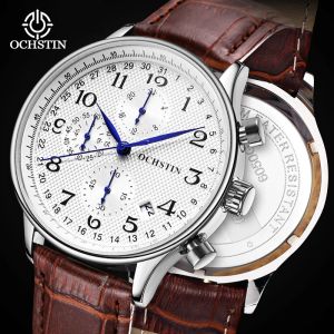 Watches Ochstin Man Wristwatch Waterproof Chronograph Men Watch Military Top Brand Luxury Brown äkta lädersport Mannklocka 6050