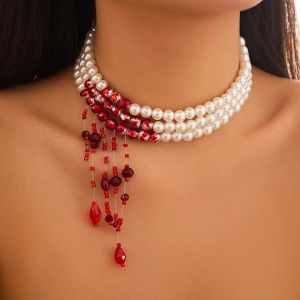 Necklaces Multilayer Vintage Red Blood Pattern Imitation Pearl Tassel Pendant Necklace for Women Goth Crystal Bead Chain Halloween Jewelry