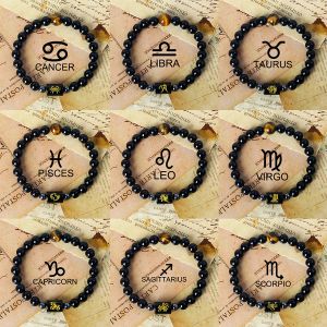 Bangle 12 Znaki zodiaku urok bransolety mężczyzn 2024 Waga obsydian tygrys oko kamienne bransoletki dla kobiet konstelacja biżuteria para biżuteria