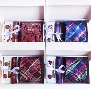 Bow Ties 6pcs Set Gift Box For Men Business Suit Accessories Classic Plaid Polyester Necktie Pocket Square Clip Cufflinks Handkerchief