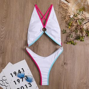 Kobiety stroju kąpielowego One Piece Swimsuit Kobiety seksowne puste pierścień bikini biały trójkąt Monokini Paski krzyżowe Backless Beach 2024 Summer