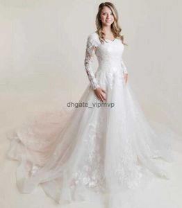 Tulle applique in pizzo abiti da sposa a-line modesti con maniche lunghe bottoni scollali a cuore