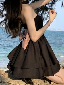 Casual Dresses Halter Black Dress Women Mini Sexig Summer Big-Bow Kawaii High midja Vestidos A-line Sweet Korean Fashion Clothing Bodycone