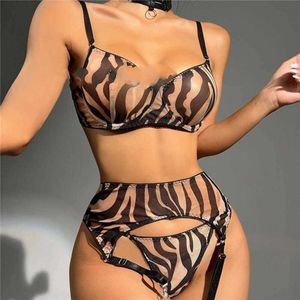 Zebra Pattern Sexy Underwear Bras Garters Thong Sets Mesh See Through Bra Panties Three Piece Funy Lingerie For Female