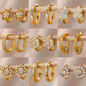 Earrings Zircon Snowflake Earrings For Women Gold Color Stainless Steel Flower Geometric Hoop Earring Aesthetic Luxury Wedding Jewerly