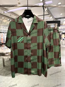 xinxinbuy Men designer Tee t shirt 2024 Italy Chessboard grid printing silk sets short sleeve cotton women blue black green M-3XL