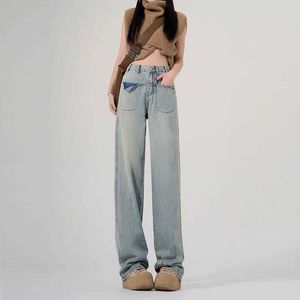 سراويل جينز أمريكان رجعية زرقاء جينز جينز للنساء عالي الخصر سراويل عريضة الساقين فيممي الطول الكامل سراويل الدنيم الصيف Y2K Y240422