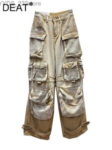 Kvinnors jeans deat kvinnor jeans hög tvätt khaki färggradient flera fickor last breda ben coola denim byxor ny sommar 2024 29l4140 yq240423