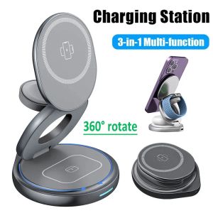 Laddare 3 i 1 Magnetic 360 Rotera Metal Wireless Charger Stand Pad för iPhone 15 14 13 12 Apple Watch 9 8 AirPods Fast Charging Station