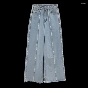 Jeans femininos 2024 Primavera estilo coreano solto cintura alta emagrece pérolas miçangas de perna larga de cor clara para mulheres calças jeans longas