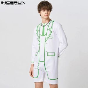 Pants INCERUN 2023 American Style Handsome Men Simulation Line Jumpsuit Fashion Male Color Contrast Printed Longsleeved Rompers S5XL