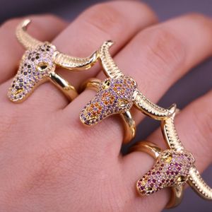 5PCS Design Cool Bull Head Ring For Women Copper Pave CZ Zircon Jewelry Animal Ox Horn Men Gift 240420