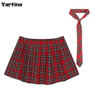 Womens Japanese Schoolgirls Uniform Skirts Cosplay Costume Fancy Dress Ball Outfit Zipper Plaid Pleated Mini Skirt with Necktie 240420